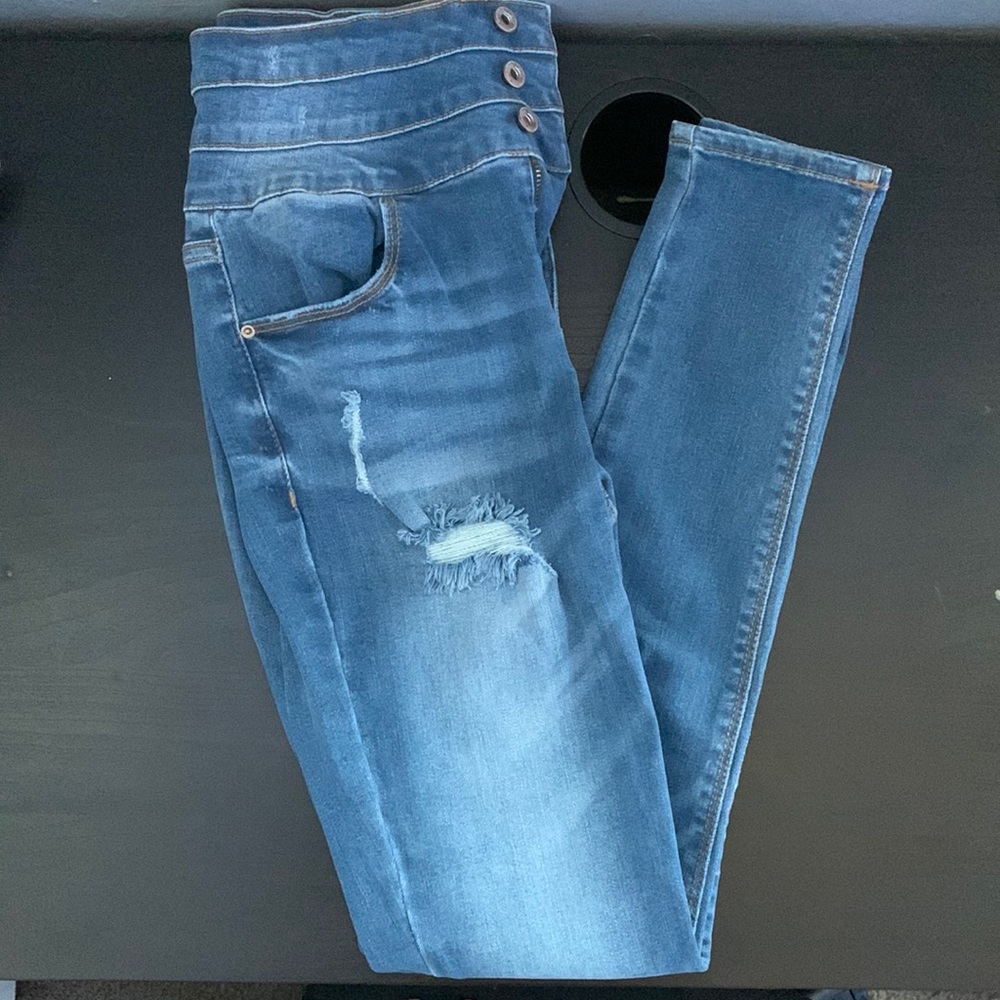 High rise dark blue skinny jeans